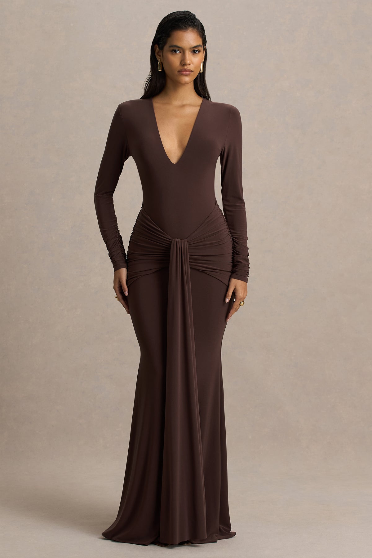 Saffie | Chocolate Extreme-Plunge Wrap Maxi Dress With Long-Sleeves And Ruched Detailing - UK 10 BITTER Chocolate Saffie | Chocolate Extreme-Plunge Wrap Maxi Dress With Long-Sleeves And Ruched Detailing - UK 10 BITTER Chocolate