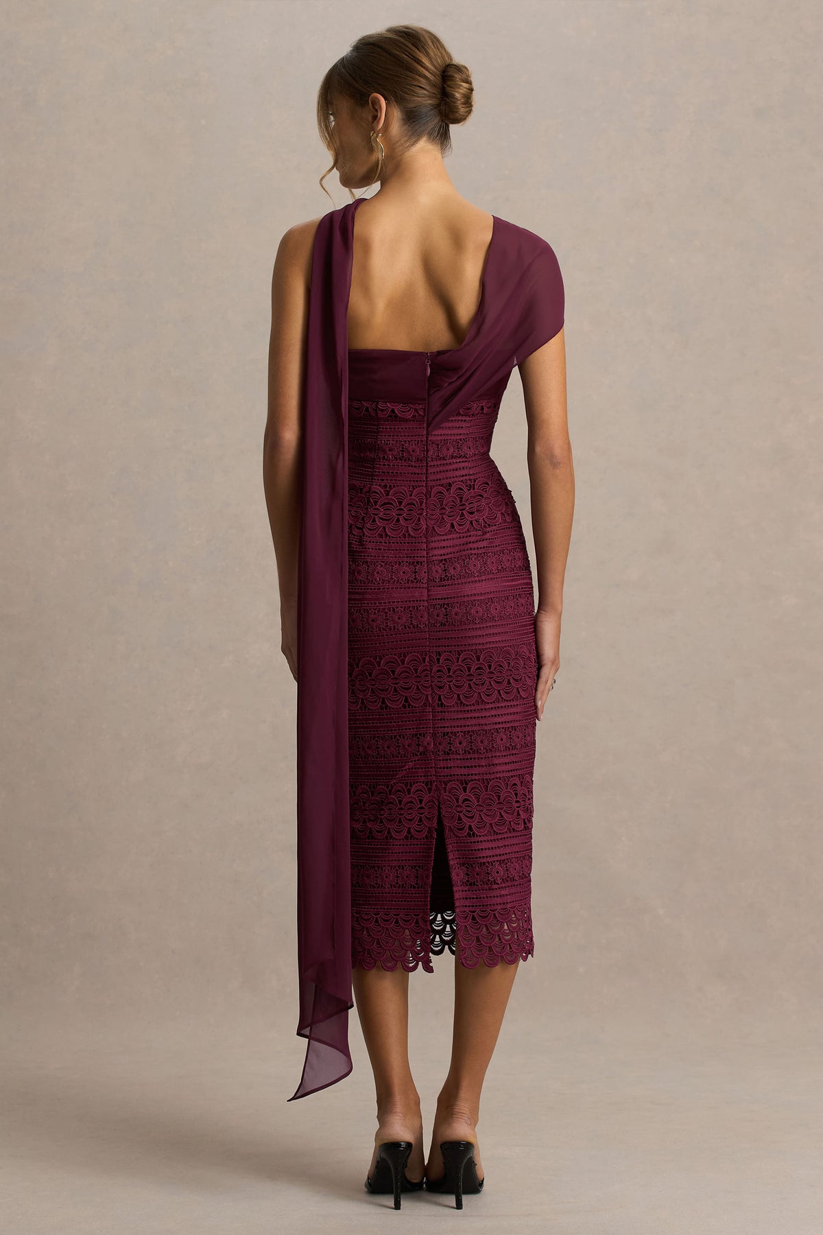 Secret Burgundy Bandeau Lace Midi Dress With Scarf Detail Club L London - USA Secret Burgundy Bandeau Lace Midi Dress With Scarf Detail Club L London - USA