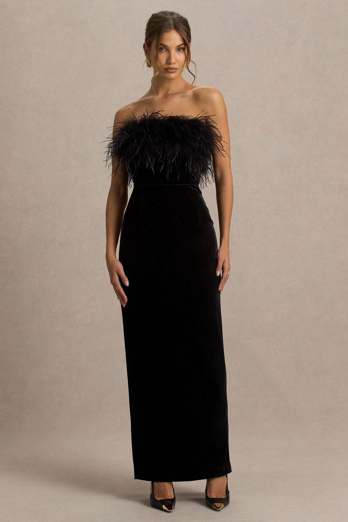 Arella Black Velvet Bandeau Maxi Dress With Feather Trim Club L London - USA Arella Black Velvet Bandeau Maxi Dress With Feather Trim Club L London - USA