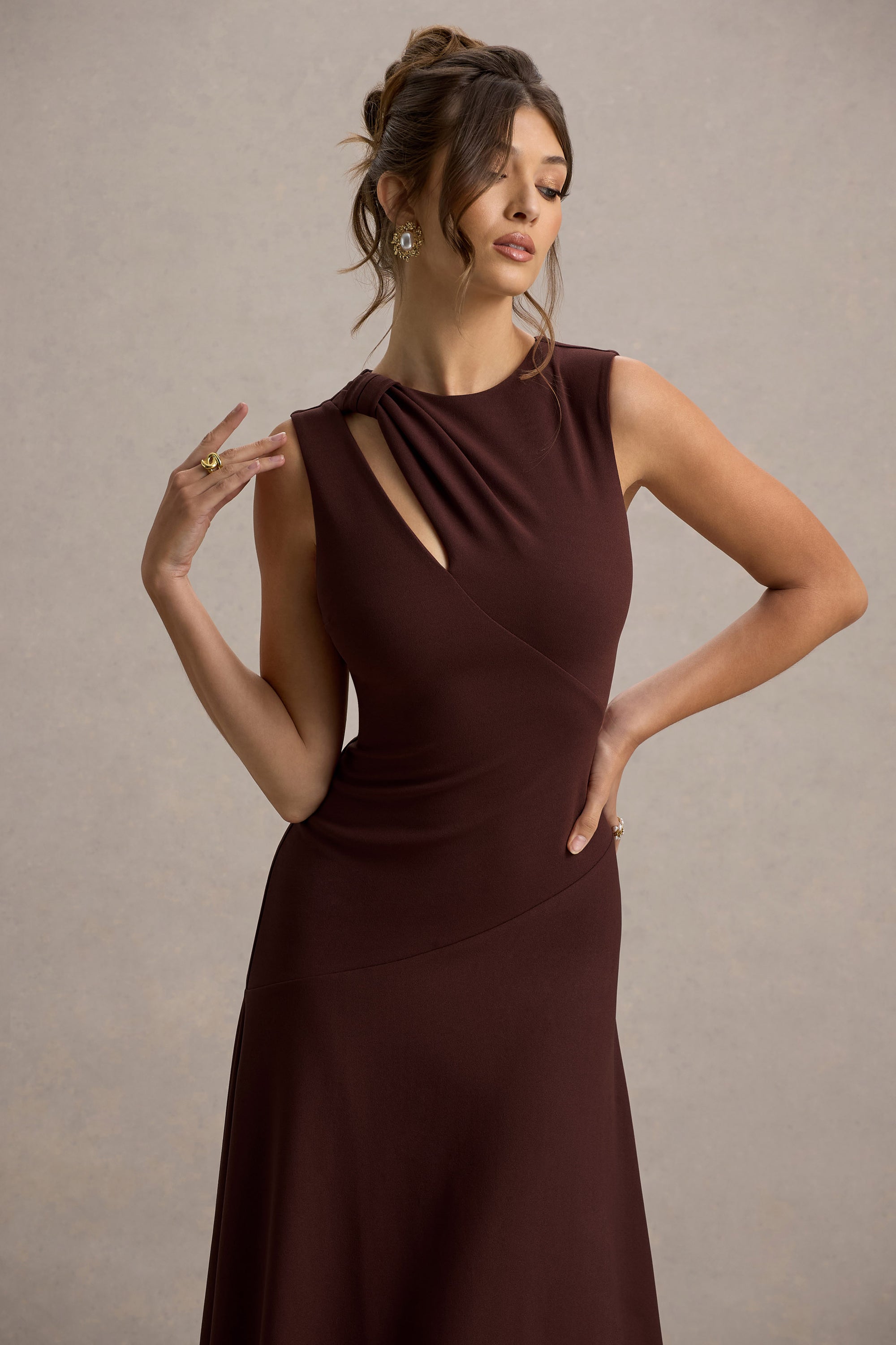 gimme whiplash midi dress brown Womens Lipsy Chocolate Brown Off The Shoulder Gathered Waist Midi Dress US 12
