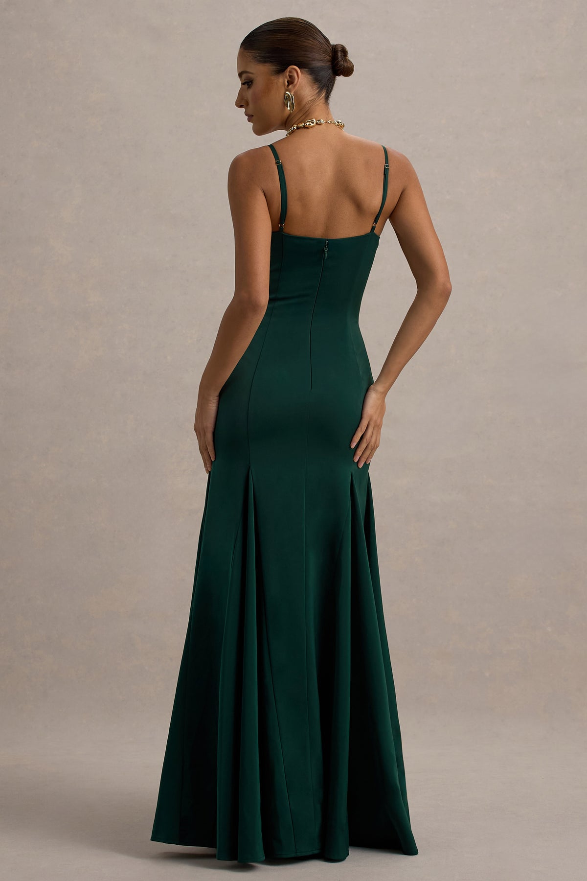 Ashly Bottle Green Satin Maxi Dress With Volume Hem Club L London - USA Ashly Bottle Green Satin Maxi Dress With Volume Hem Club L London - USA