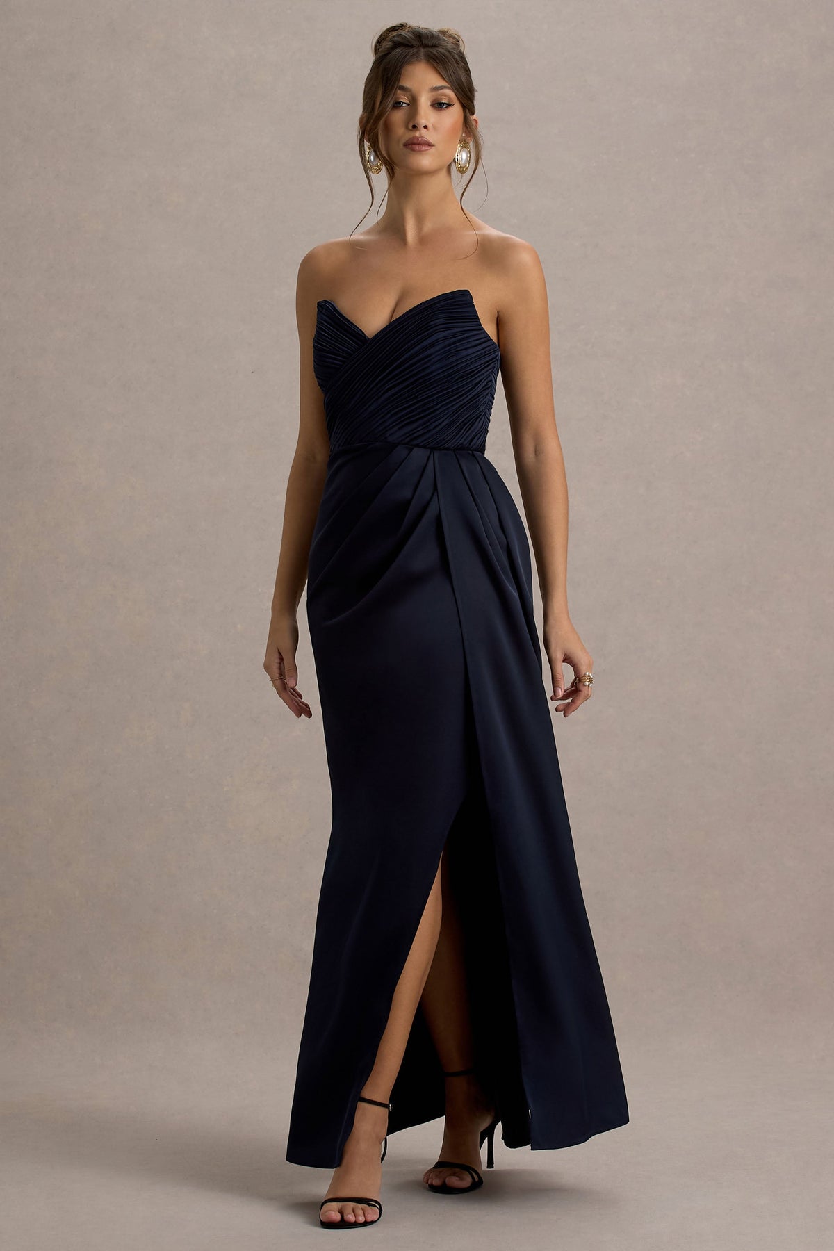 Edel Navy Satin Strapless Maxi Dress With Drape Club L London - USA Edel Navy Satin Strapless Maxi Dress With Drape Club L London - USA