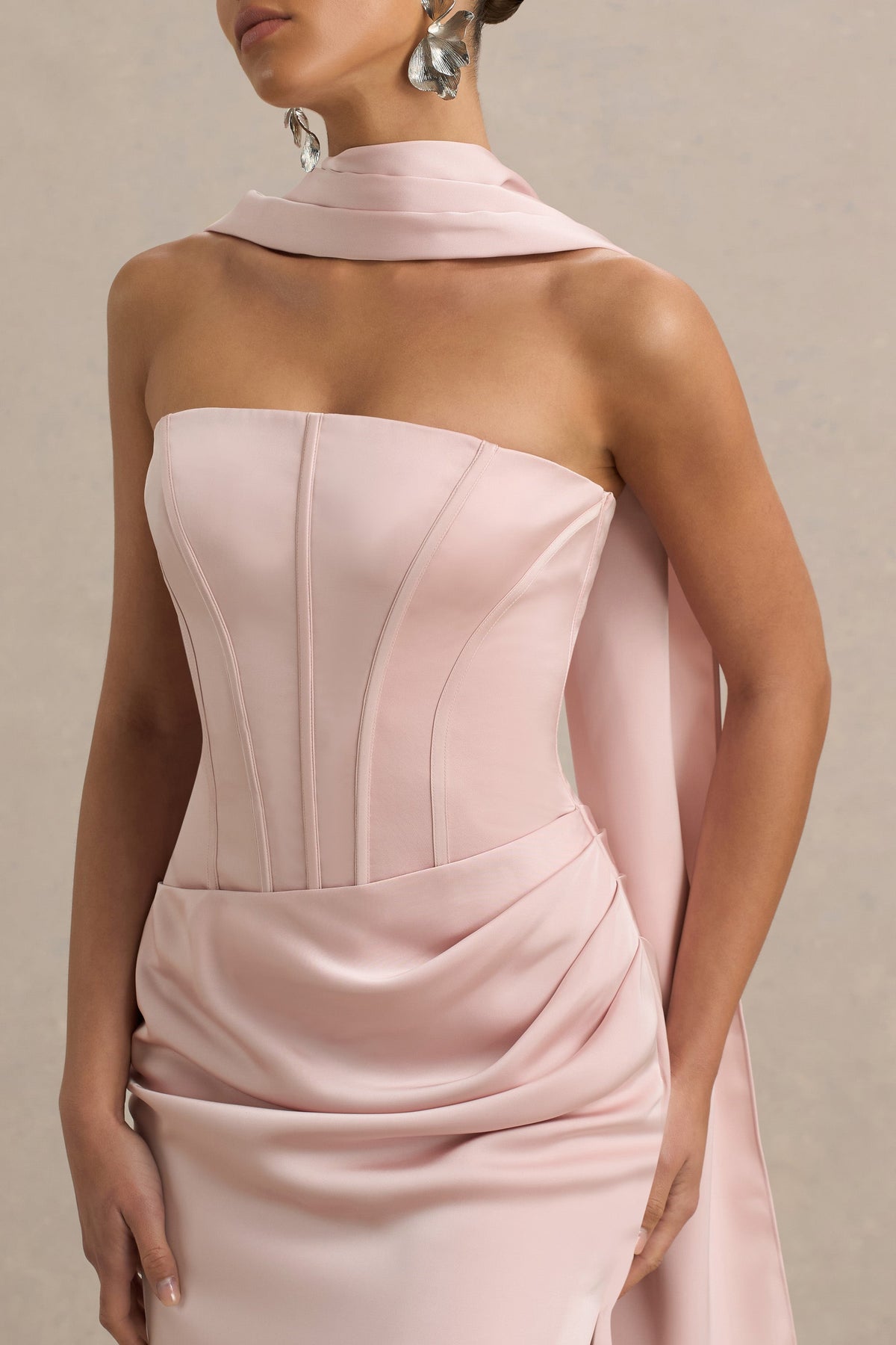 Joseline Pale Pink Satin Corset Wrap Maxi Dress With Scarf Club L London - USA Joseline Pale Pink Satin Corset Wrap Maxi Dress With Scarf Club L London - USA