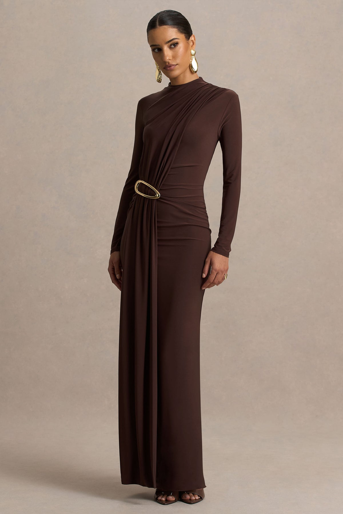 Zadie | Brown High-Neck Maxi Dress With Gathered-Detail - UK 12 BITTER CHOCOLATE Zadie | Brown High-Neck Maxi Dress With Gathered-Detail - UK 12 BITTER CHOCOLATE