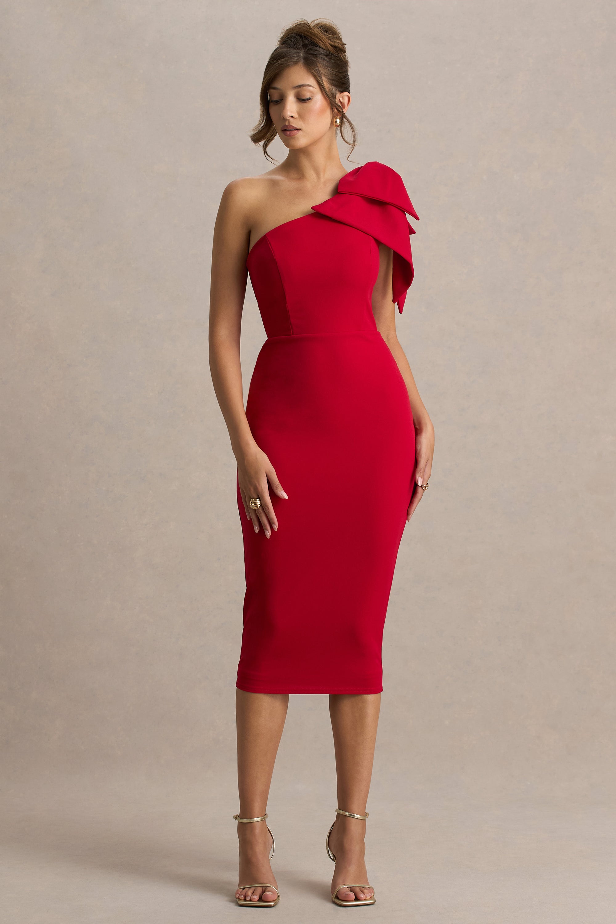 red one sleeve cocktail dresses Embellished Ruffle One Shoulder Midi Dress Red