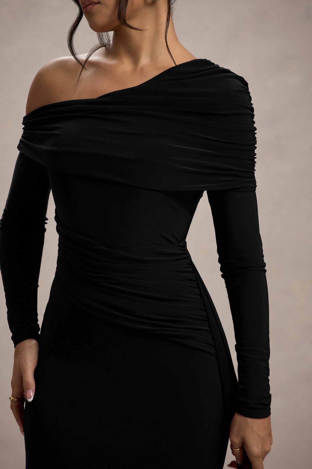 Valina Black Ruched Asymmetric Maxi Dress With Drape Club L London - USA Valina Black Ruched Asymmetric Maxi Dress With Drape Club L London - USA