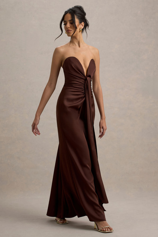 Mackenzie Brown Satin Plunge-Neck Draped Maxi Dress Club L London - USA Mackenzie Brown Satin Plunge-Neck Draped Maxi Dress Club L London - USA