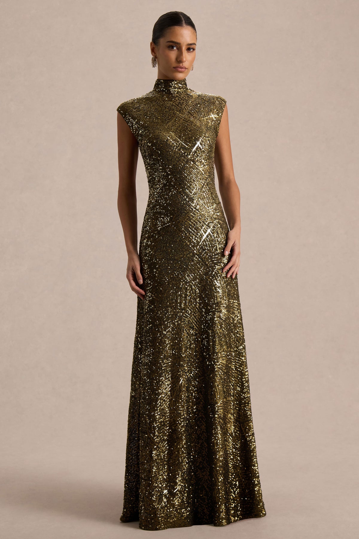 Cecy Khaki Sequin High-Neck Maxi Dress With Cap Sleeves Club L London - USA Cecy Khaki Sequin High-Neck Maxi Dress With Cap Sleeves Club L London - USA