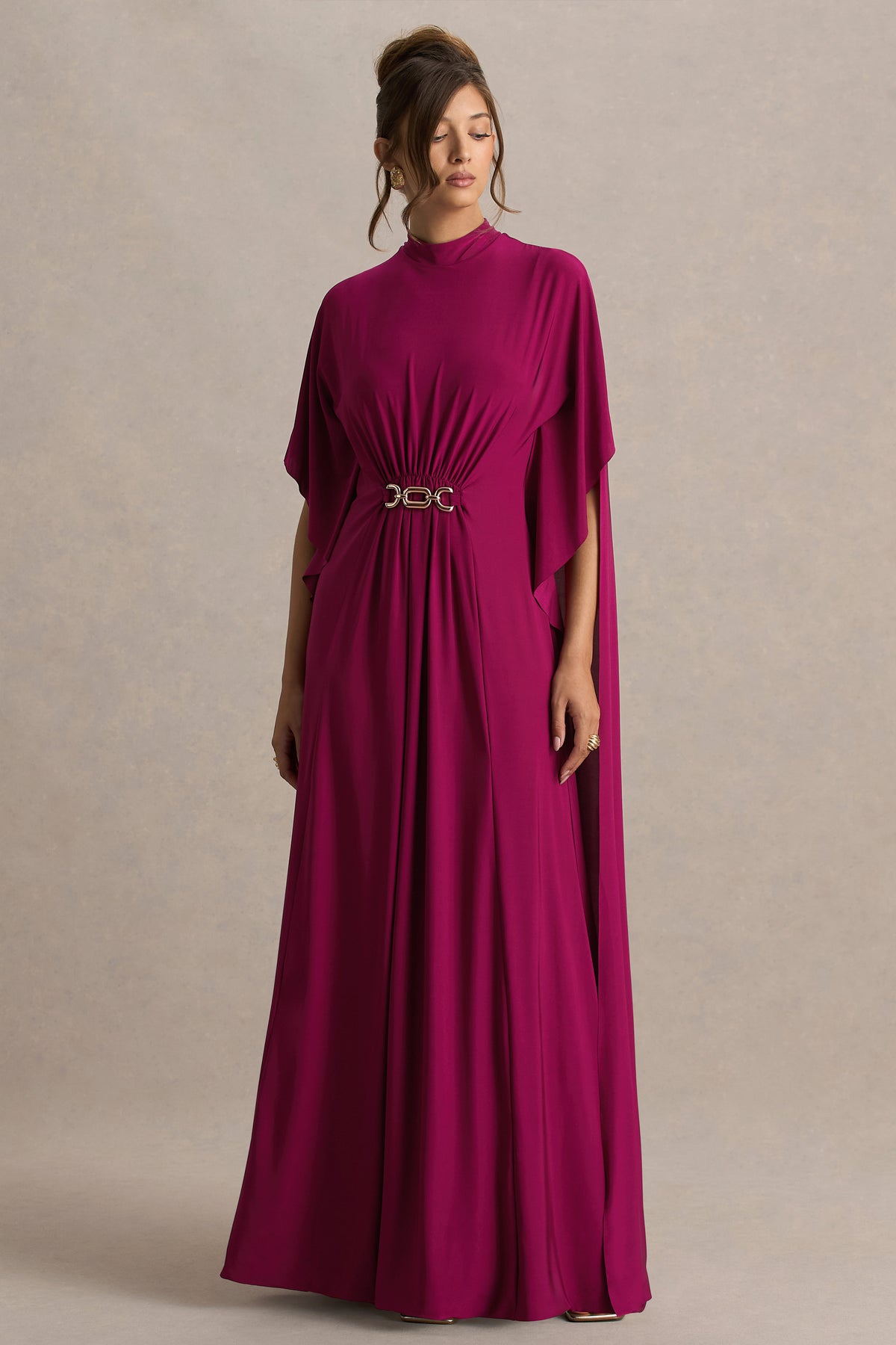 Olessia | Burgundy Belted Gathered Cape-Sleeve Maxi Dress - UK 16 BUGUNDY Olessia | Burgundy Belted Gathered Cape-Sleeve Maxi Dress - UK 16 BUGUNDY