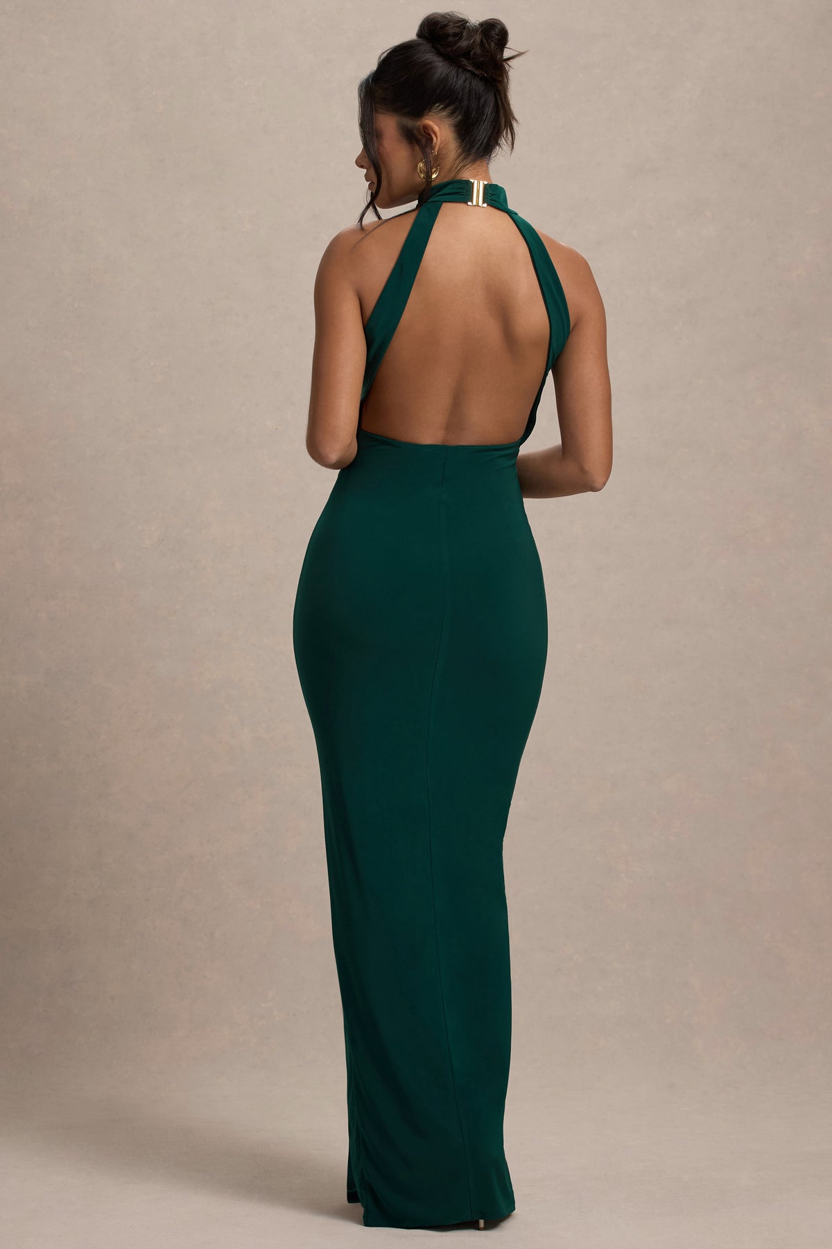 Khari Bottle Green High-Neck Twisted Maxi Dress With Drape Club L London - USA Khari Bottle Green High-Neck Twisted Maxi Dress With Drape Club L London - USA