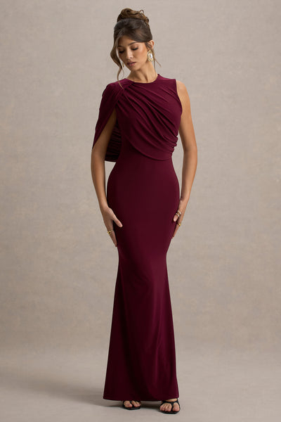 Rae | Burgundy Maxi Dress With One-Sleeve Cape – Club L London