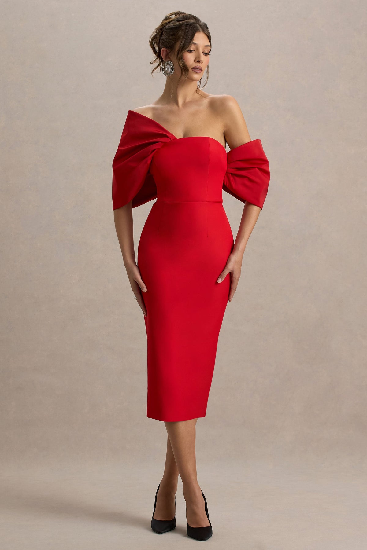 Lucille | RED Asymmetric Bardot Midi Dress With Bow Detail - UK 8 RED Lucille | RED Asymmetric Bardot Midi Dress With Bow Detail - UK 8 RED