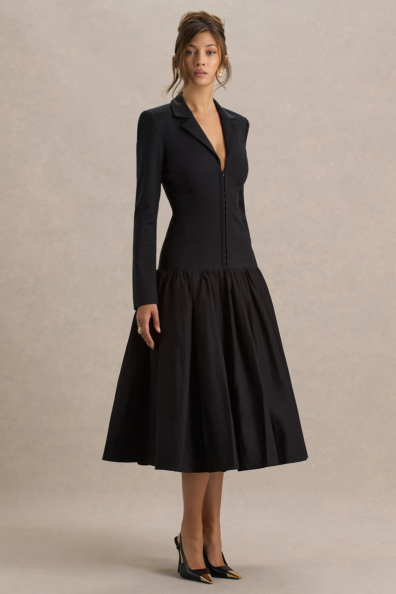 Cosmopolitan Black Plunge-Neck Tailored Midi Dress With Pleated Hem