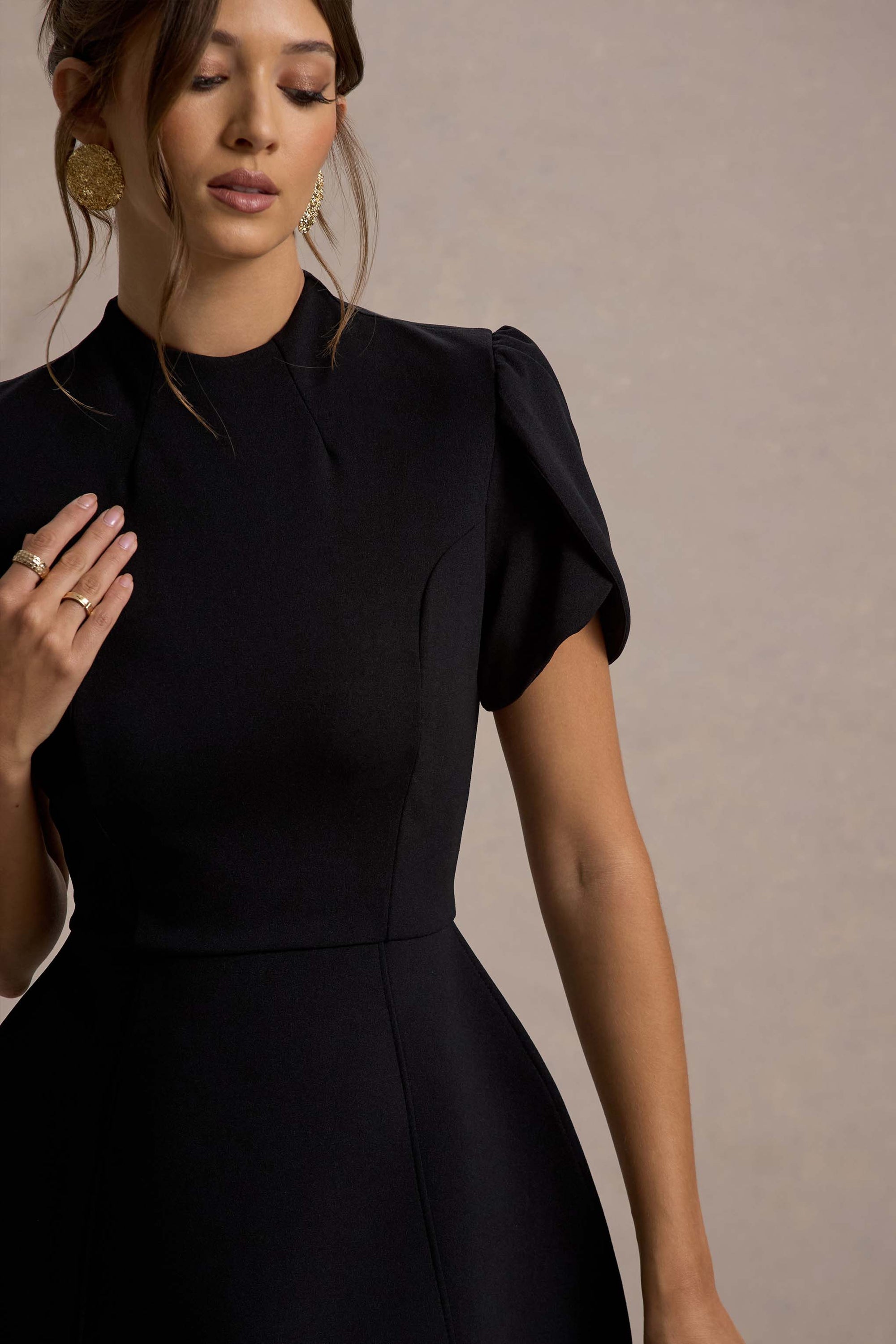 Carabella | Black High-Neck Short-Sleeve Mini Dress – Club L London