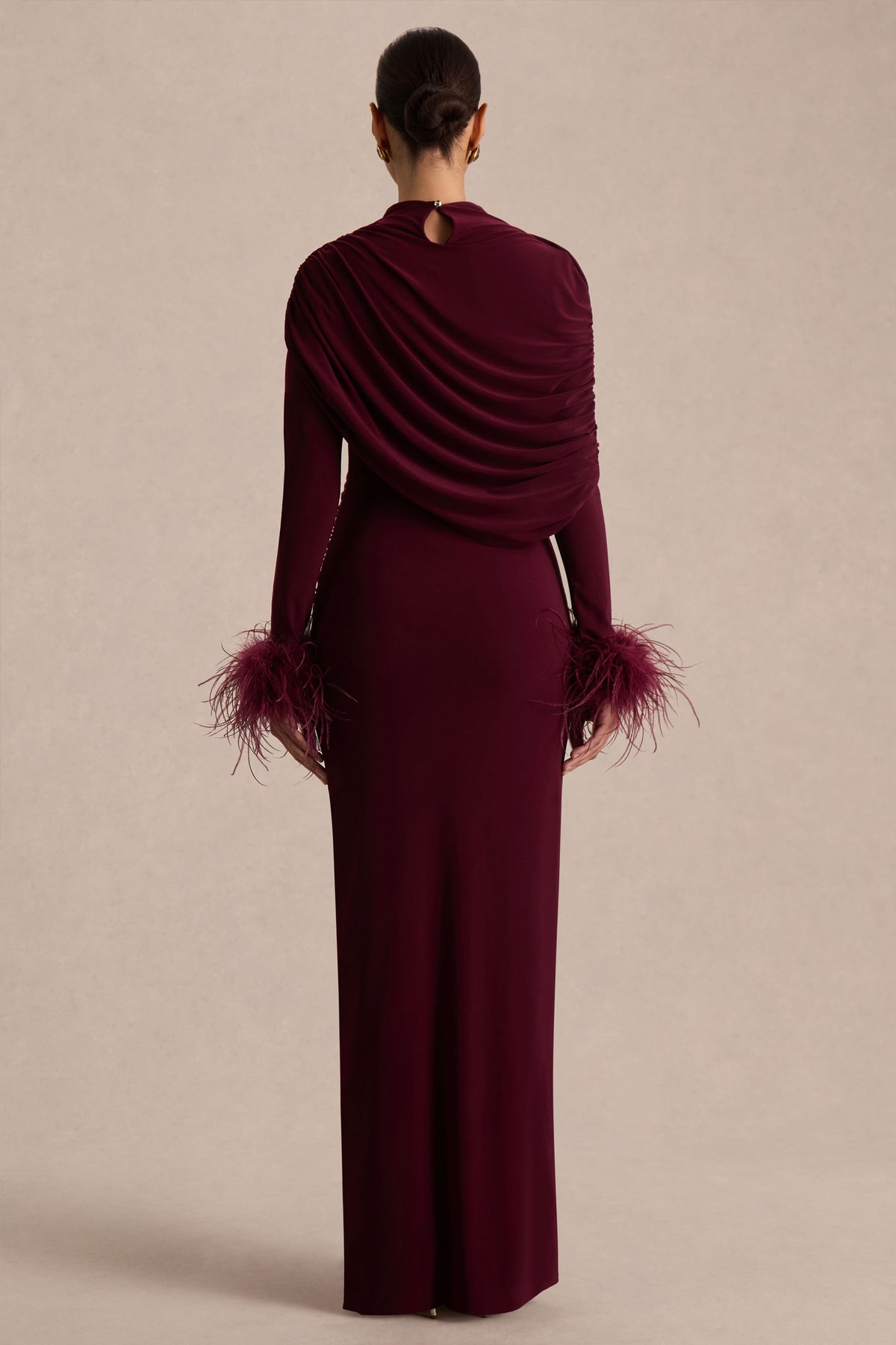 Gatsby | Burgundy High-Neck Maxi Dress With Feather Trim Cuffs - UK 6 Burgundy Gatsby | Burgundy High-Neck Maxi Dress With Feather Trim Cuffs - UK 6 Burgundy