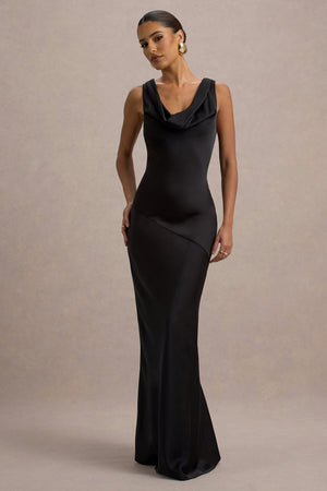Alesso | Black Satin Cowl-Neck Slip-Maxi Dress – Club L London