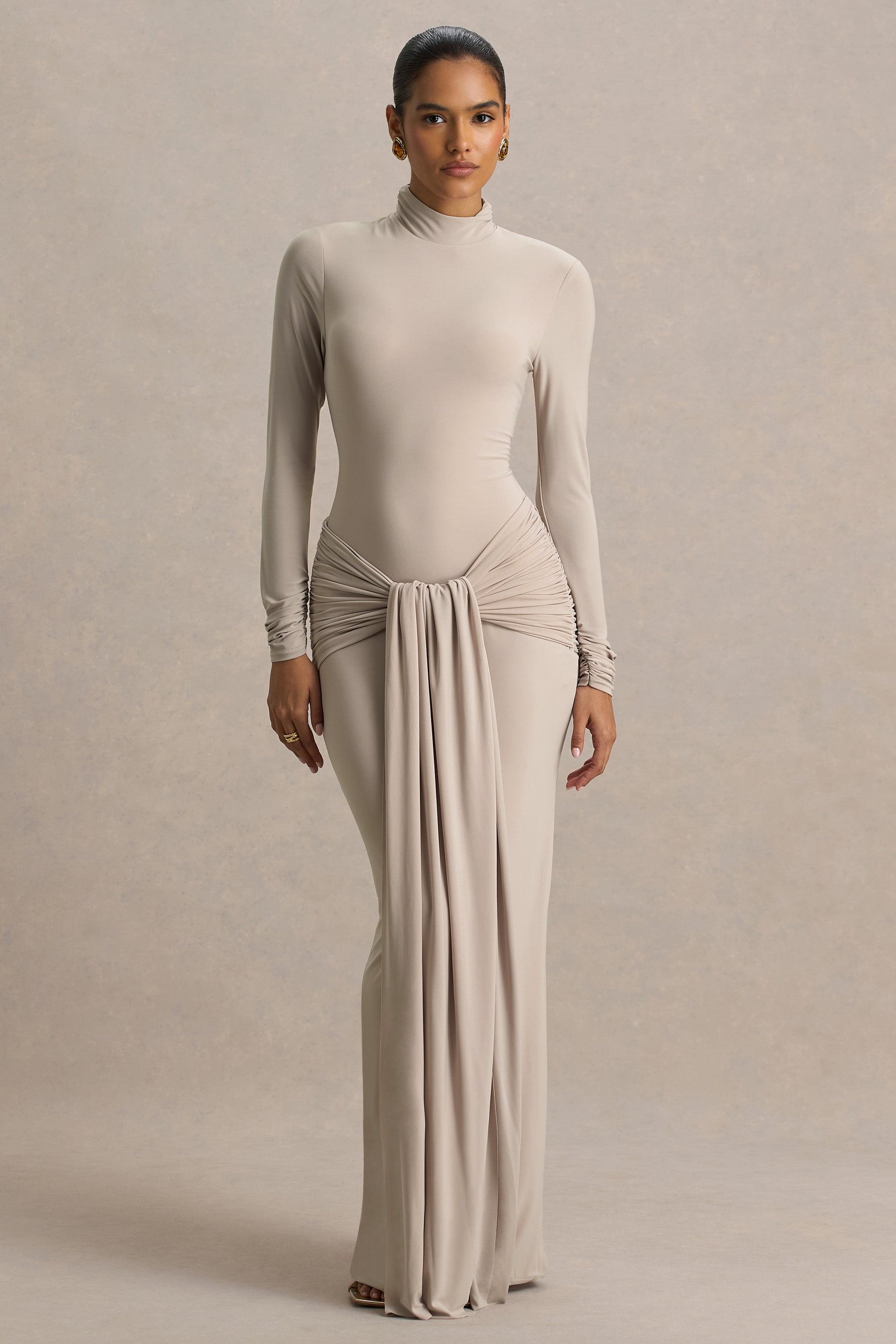 Myra | Champagne High-Neck Maxi Dress With Sash and Ruched