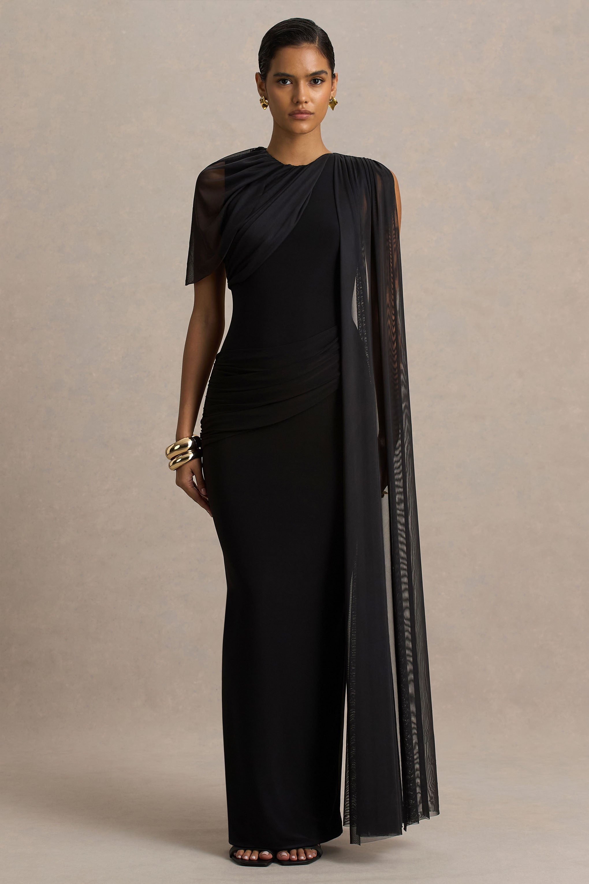 Brenda | Black Crew-Neck Maxi Dress With Mesh Cape And Sash – Club