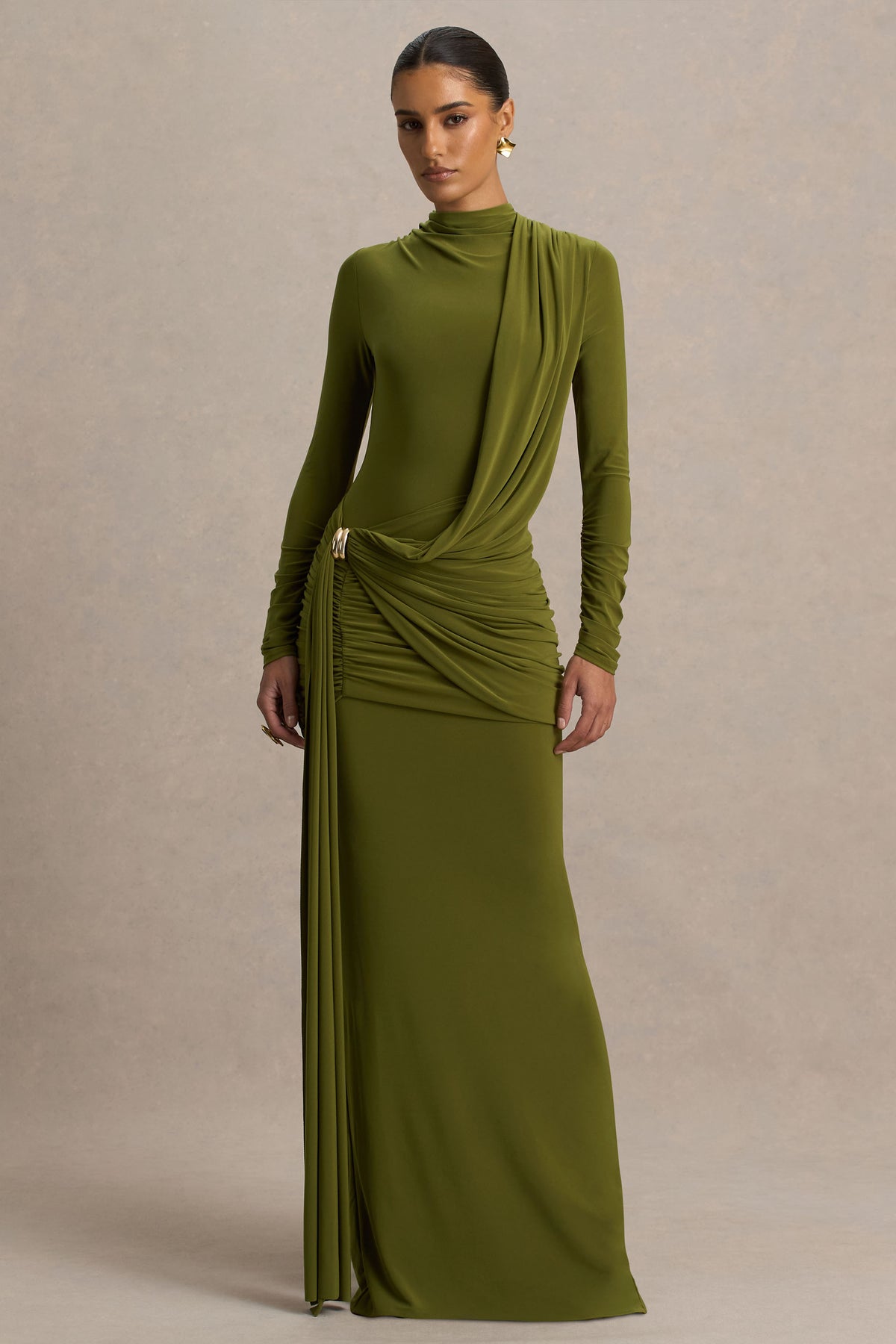Melissa | Olive Long-Sleeve Wrap Maxi Dress with Draped Detailing - UK 6 Moss Green Melissa | Olive Long-Sleeve Wrap Maxi Dress with Draped Detailing - UK 6 Moss Green