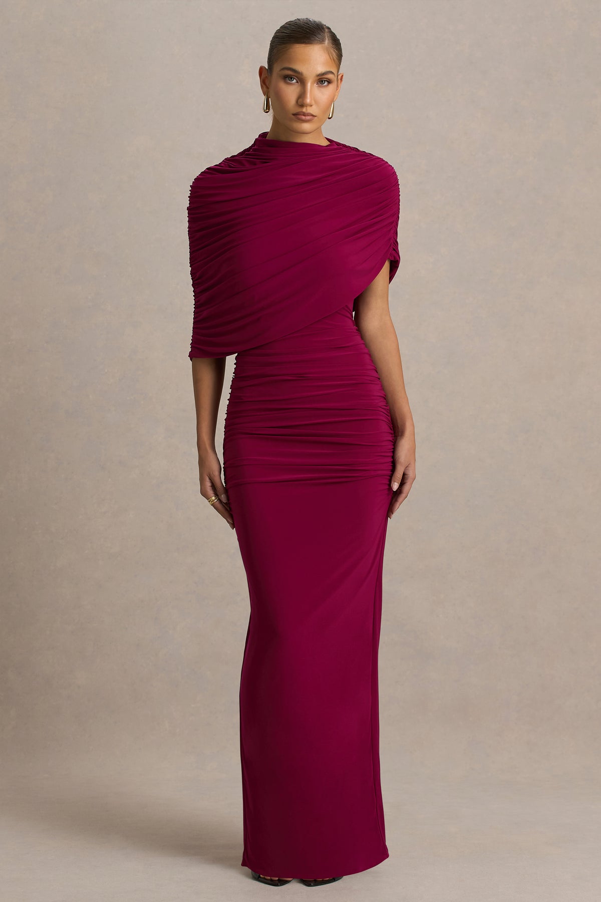 Glitz | Burgundy High-Neck Maxi Dress With Cape Sleeve and Ruched Detailing - UK 10 Burgundy Glitz | Burgundy High-Neck Maxi Dress With Cape Sleeve and Ruched Detailing - UK 10 Burgundy