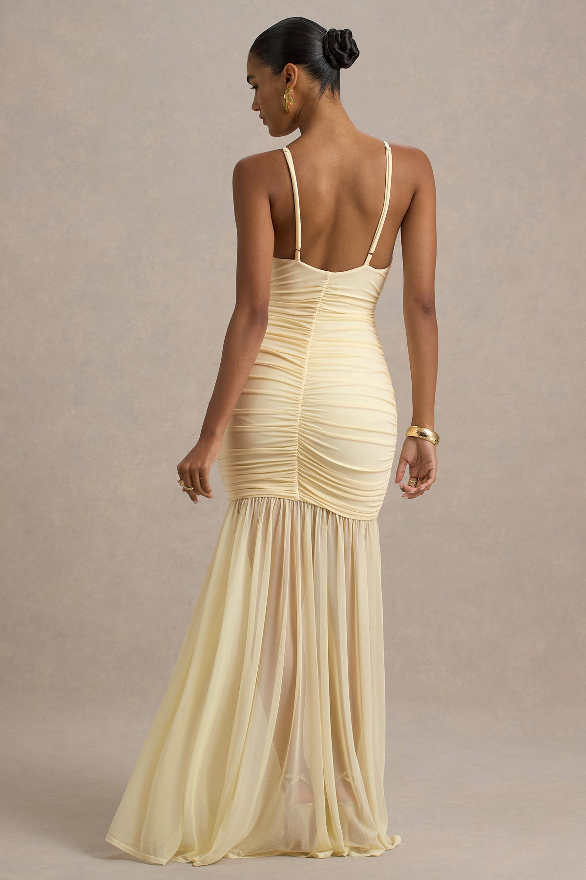 Pasqualina | Lemon Ruched Plunge-Neck Maxi Dress