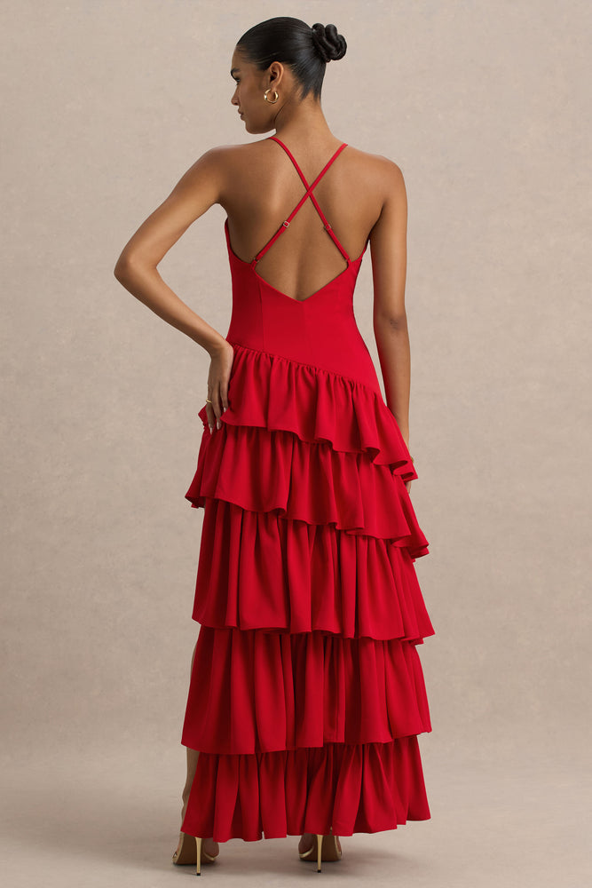 frederica plunge maxi dress red Bogota | RED Plunge-Neck Maxi Dress With Ruffling Details And Front High Split