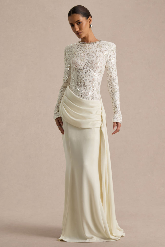 Beau | ECRU Lace Embellished Crew-Neck Maxi Dress With Draped Detail - UK 6 ECRU Beau | ECRU Lace Embellished Crew-Neck Maxi Dress With Draped Detail - UK 6 ECRU