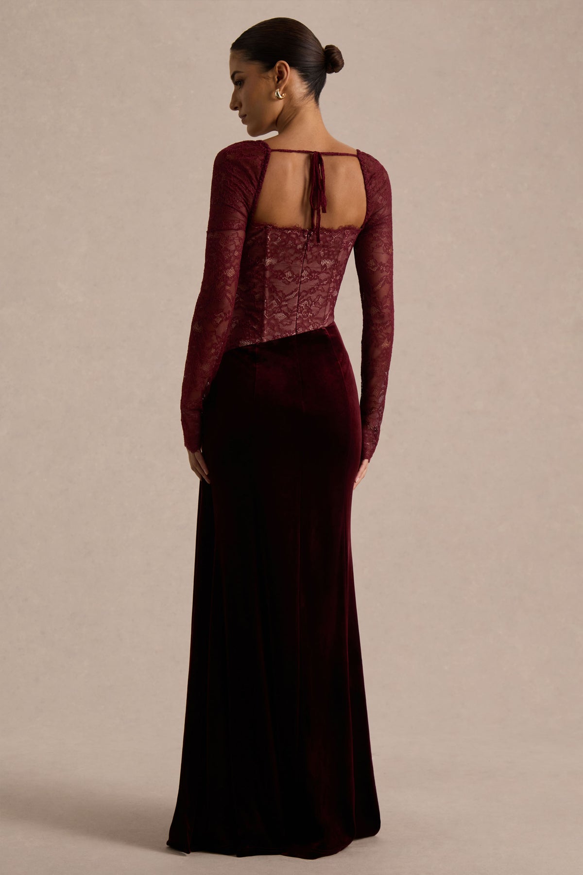 Finesse | Burgundy Lace And Velvet Square-Neck Maxi Dress With Draped Skirt - UK 6 Burgundy Finesse | Burgundy Lace And Velvet Square-Neck Maxi Dress With Draped Skirt - UK 6 Burgundy
