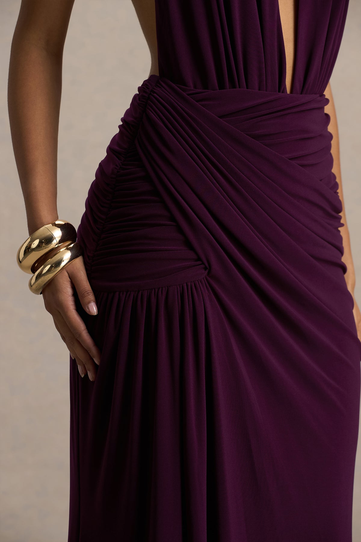 Tilly | Burgundy Extreme Plunge-Neck Maxi Dress with Wrap and Ruched Details - UK 10 Port Tilly | Burgundy Extreme Plunge-Neck Maxi Dress with Wrap and Ruched Details - UK 10 Port