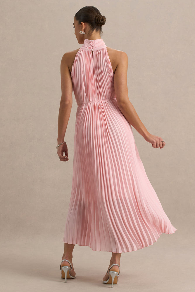 Tulip Blush Pink Pleated High-Neck Midi Dress Club L London - USA Tulip Blush Pink Pleated High-Neck Midi Dress Club L London - USA