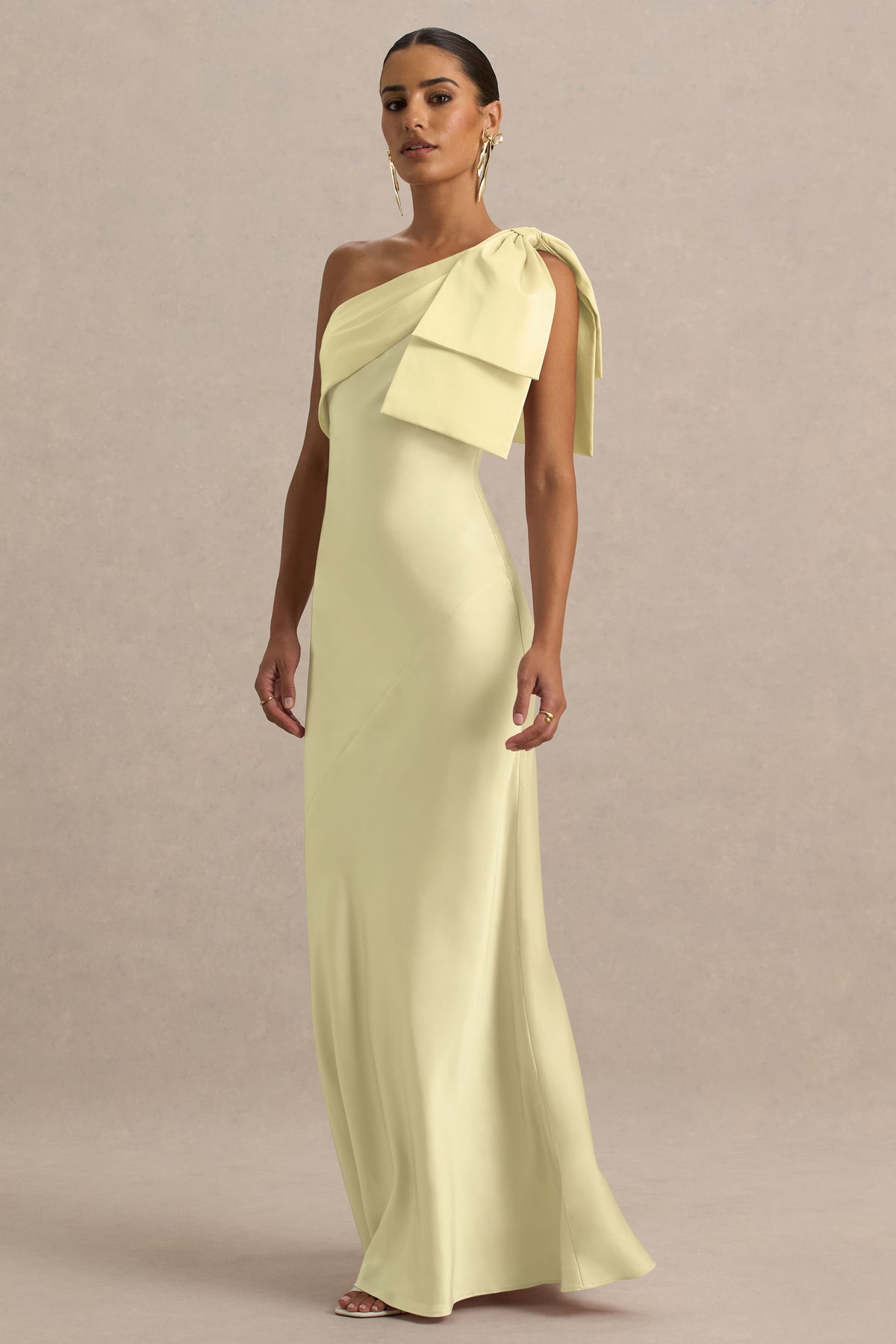 Valerie Lemon Satin Asymmetric-Neck Maxi Dress With Bow Detail Club L London - USA Valerie Lemon Satin Asymmetric-Neck Maxi Dress With Bow Detail Club L London - USA