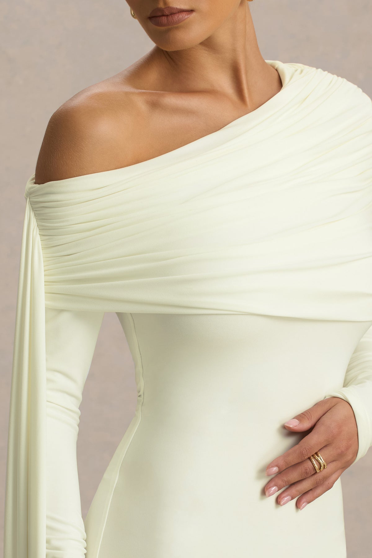 Octavia | Cream Bardot-Neck Maxi Dress With Sash And Ruched Detailing