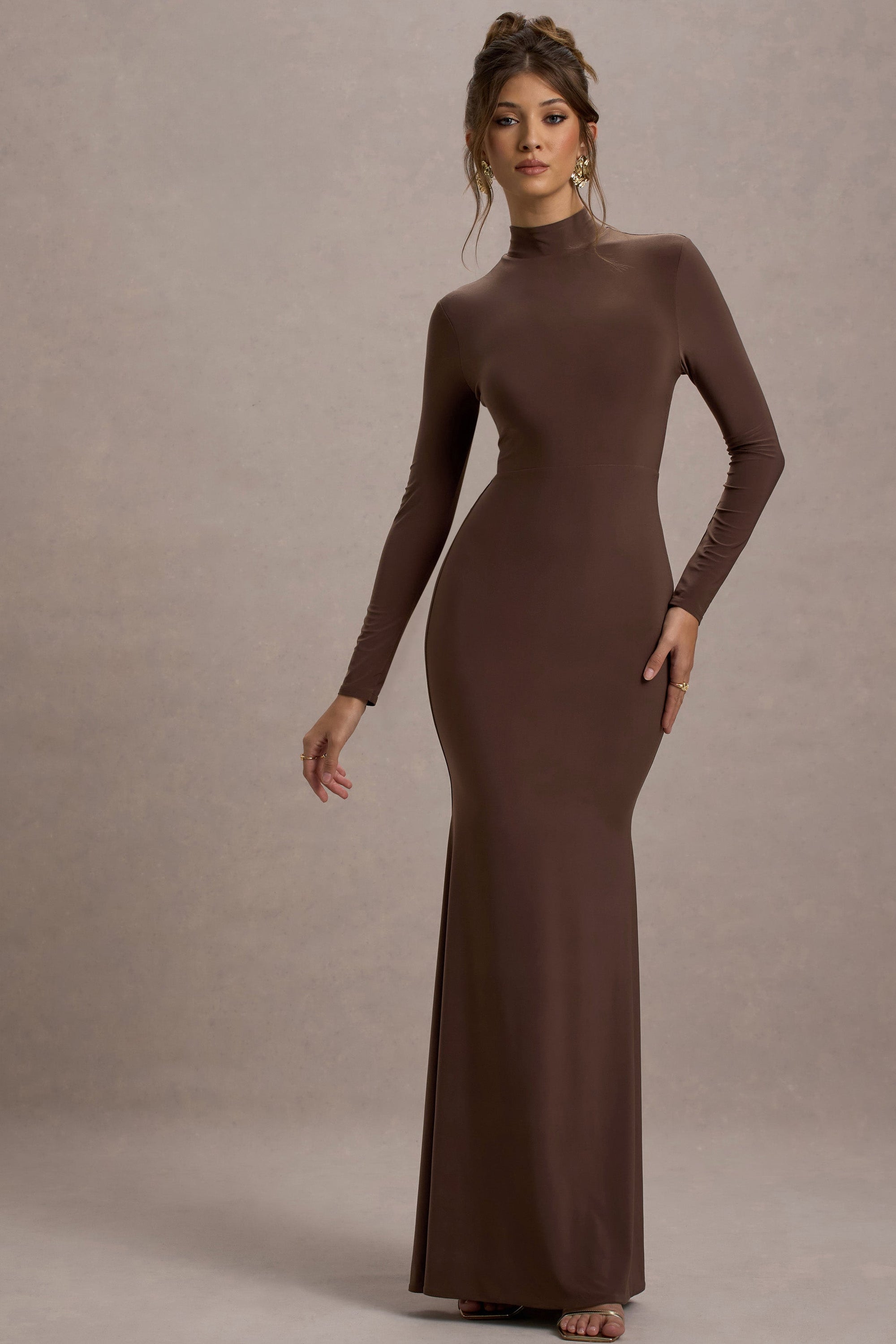 Tova | Chocolate High-Neck Long-Sleeve Maxi Dress - Club L London - USA