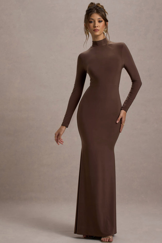 Tova Chocolate High-Neck Long-Sleeve Maxi Dress – Club L