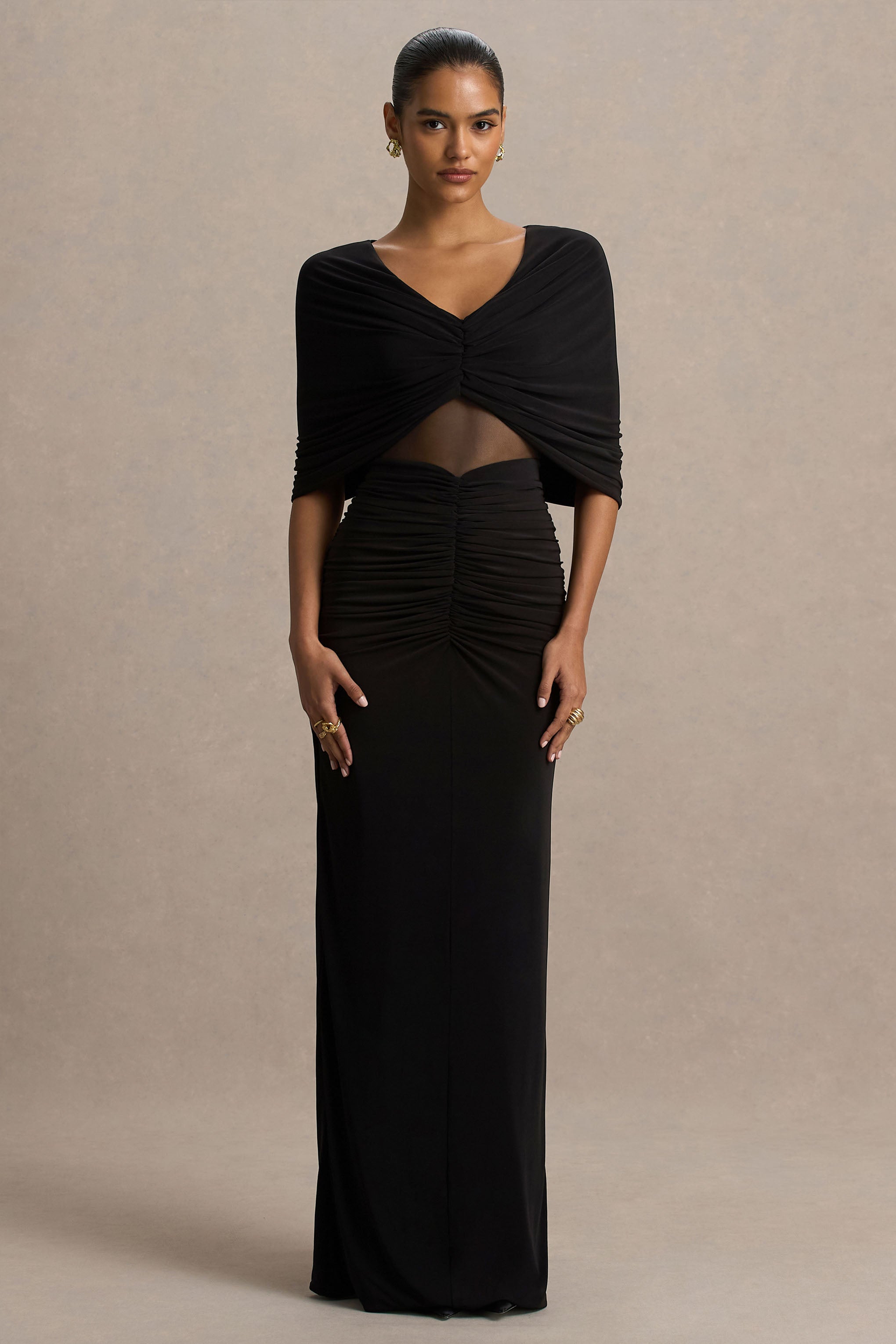 Zinnie | Black Cape-Sleeve Maxi Dress With Mesh Panel – Club L