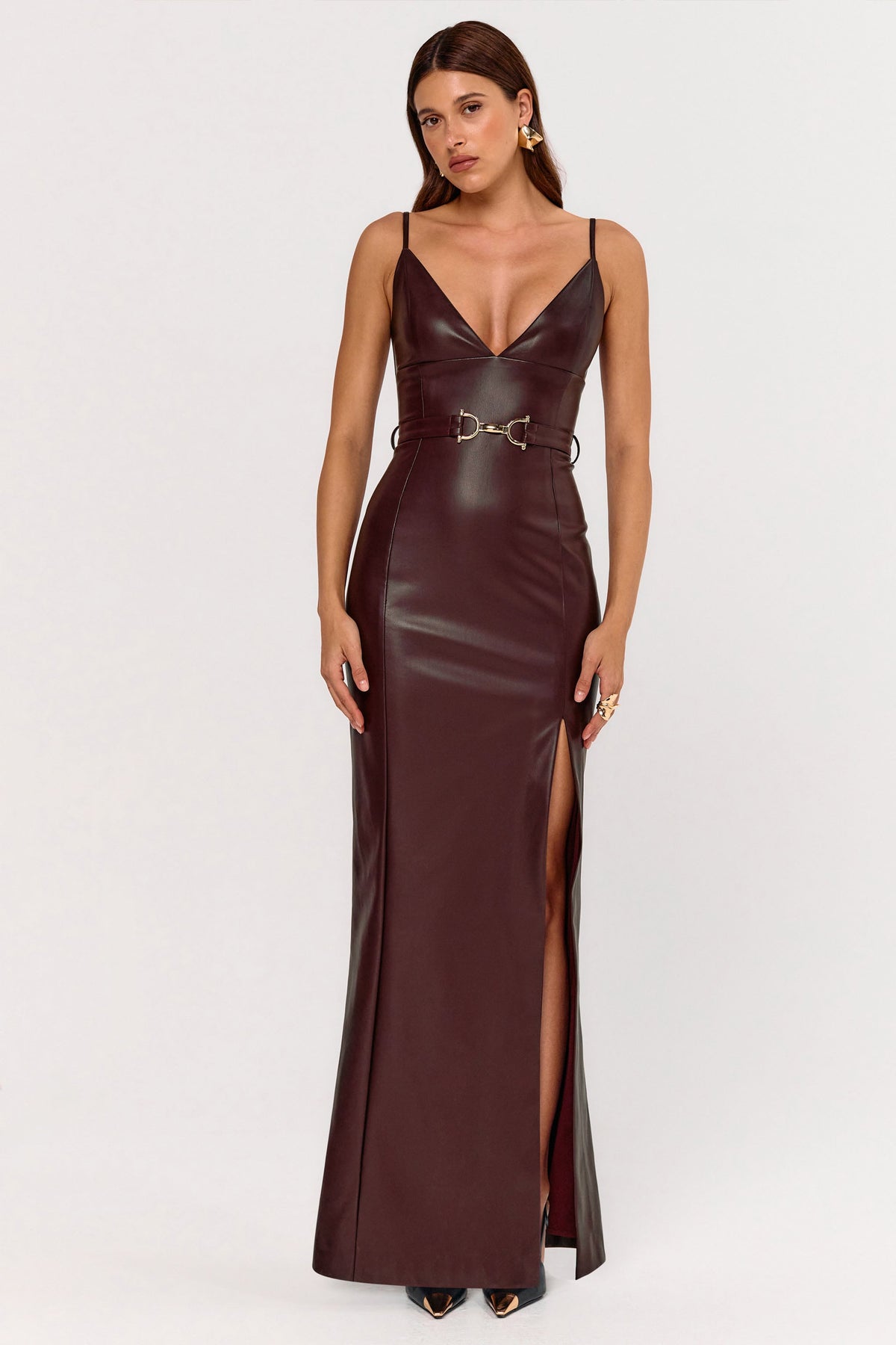 Lila Burgundy Faux Leather Plunge-Neck Maxi Dress With Split Club L London - USA Lila Burgundy Faux Leather Plunge-Neck Maxi Dress With Split Club L London - USA