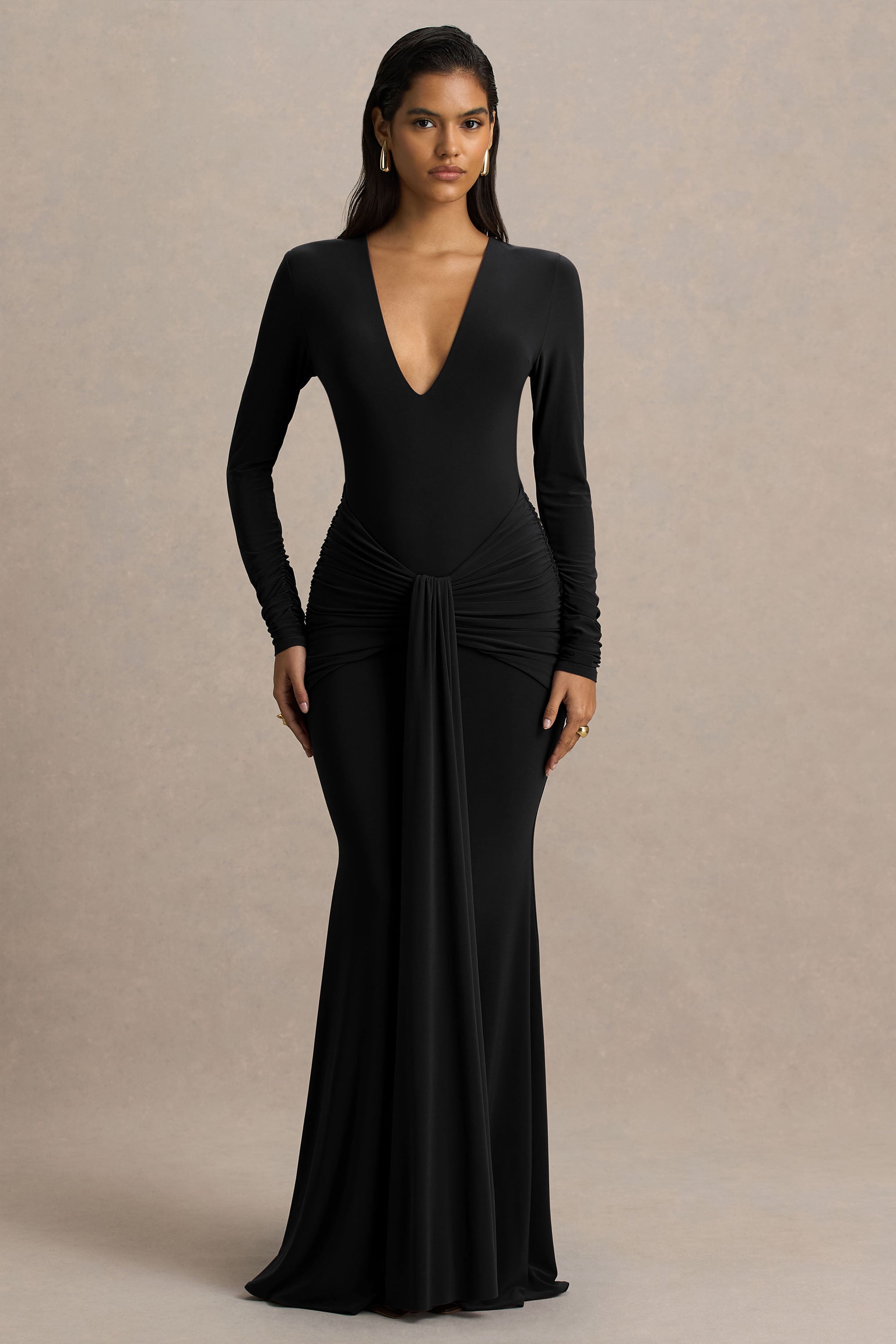 Saffie | Black Extreme-Plunge Wrap Maxi Dress With Long-Sleeves