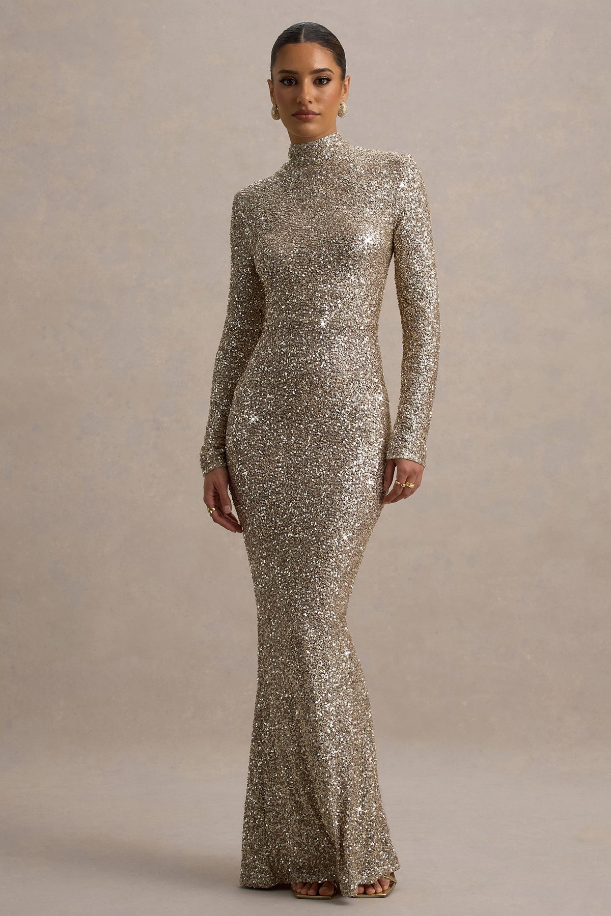 Galaxy | Champagne Sequin Turtle-Neck Long-Sleeve Maxi Dress