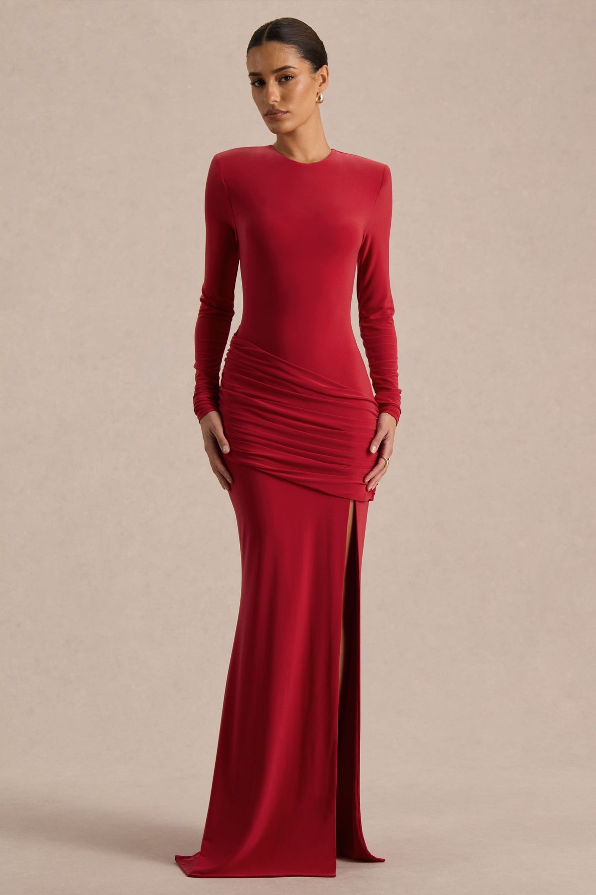 Liora | Red Crew-Neck Maxi Dress With Front-High Split - UK 14 EMBOLDENED Liora | Red Crew-Neck Maxi Dress With Front-High Split - UK 14 EMBOLDENED