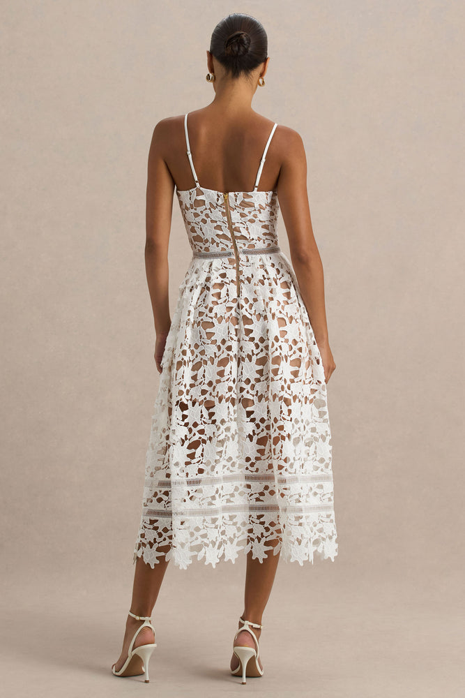 Zuri | White Lace Sweetheart Midi Dress With Cami Straps - UK 6 White Zuri | White Lace Sweetheart Midi Dress With Cami Straps - UK 6 White
