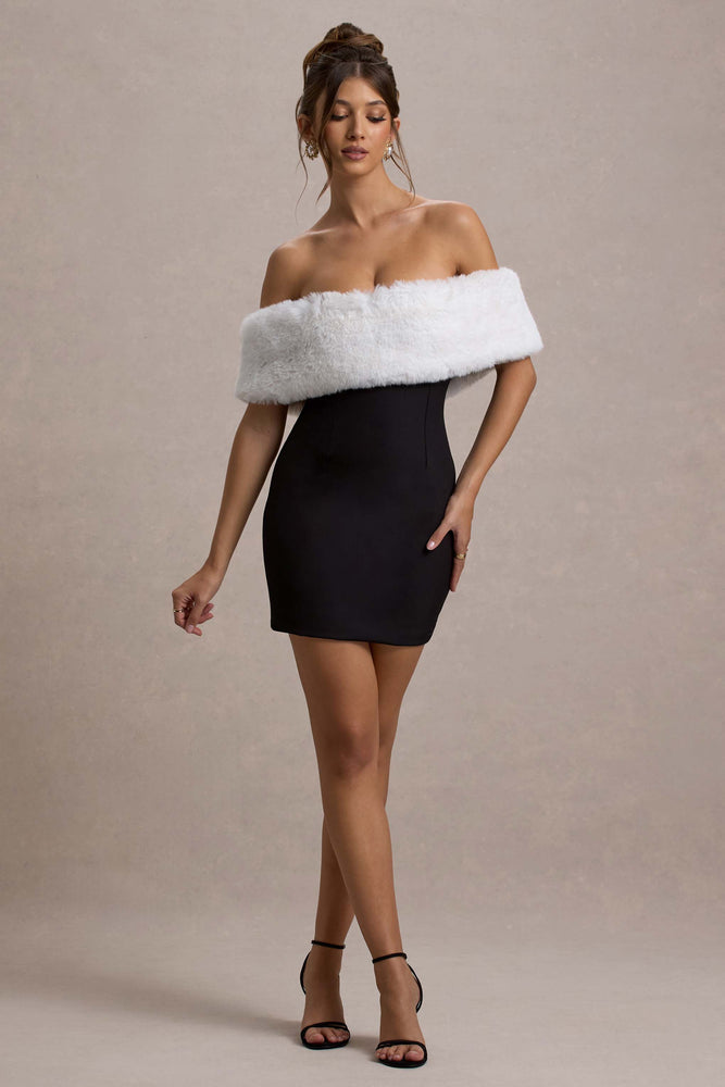 Little Luxe Black Bardot Mini Dress With White Fur Trim Club L London - USA Little Luxe Black Bardot Mini Dress With White Fur Trim Club L London - USA