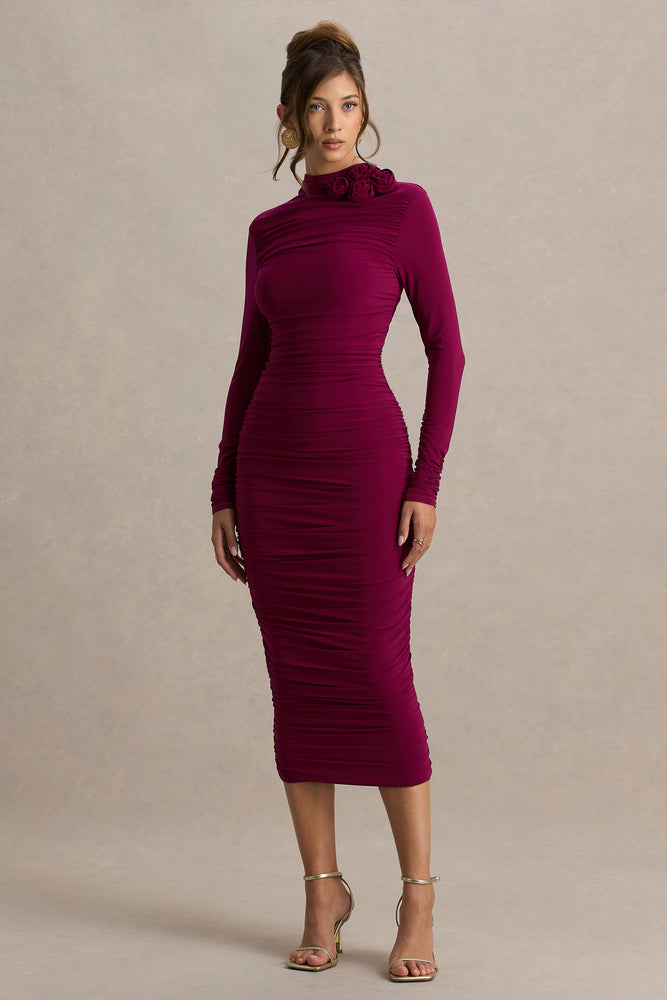 forever new tamara ruched midi dress Tamara | Burgundy Long-Sleeve Ruched Midi Dress