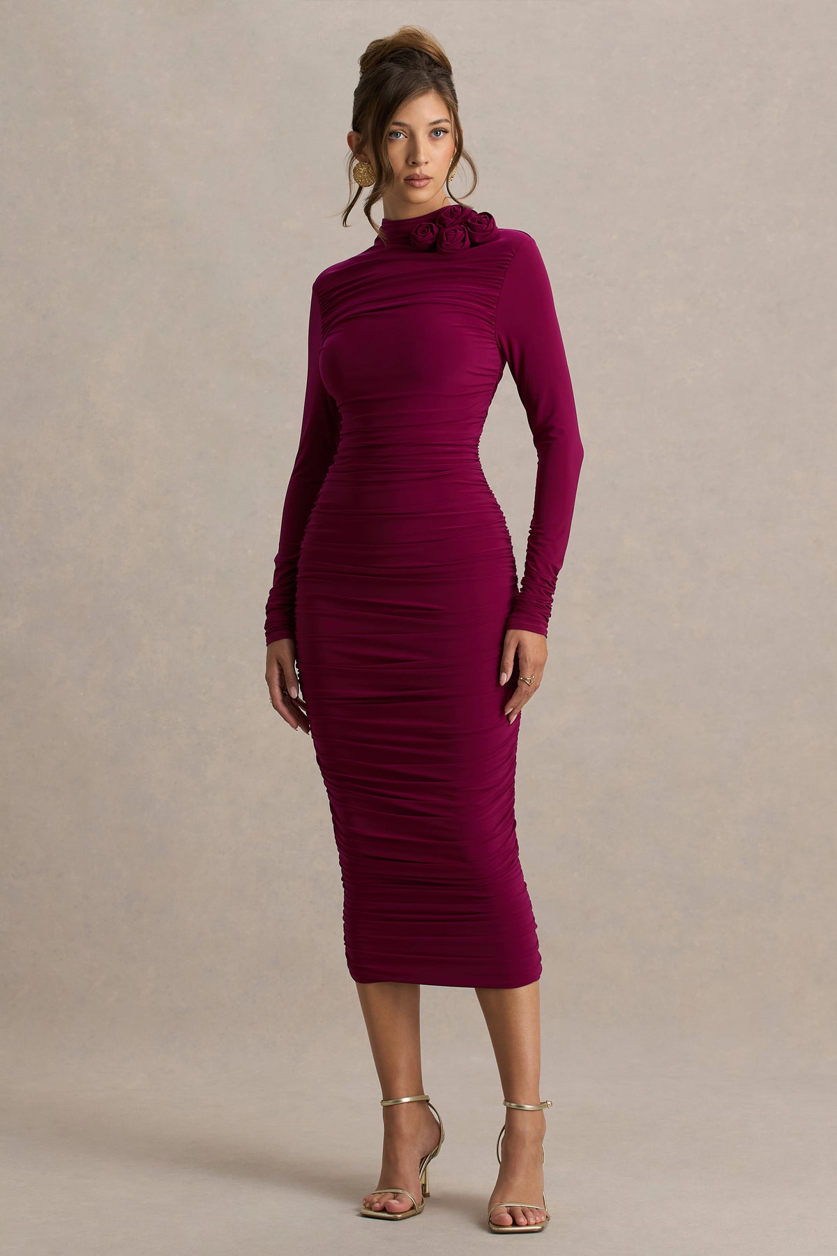 red long sleeve midi dress Tamara Burgundy Long-Sleeve Ruched Midi Dress – Club L London
