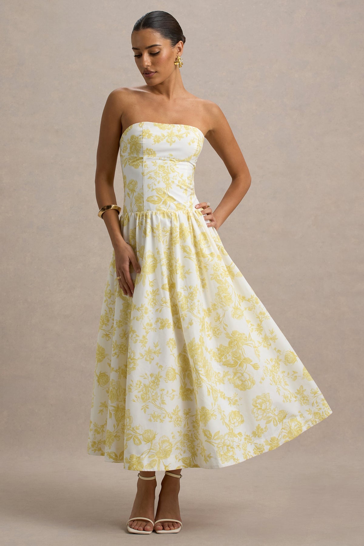 Bluebell Lemon Porcelain Print Poplin Bandeau Drop-Waist Midi Dress Club L London - USA Bluebell Lemon Porcelain Print Poplin Bandeau Drop-Waist Midi Dress Club L London - USA
