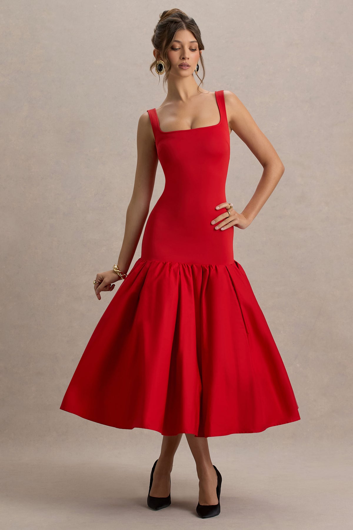 Parida | Red Poplin Drop-Waist Maxi Dress With Peplum Hem
