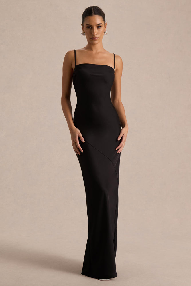 black maxi dress ebay Yoli | Black Satin Maxi Dress With Removable Twist-Cape