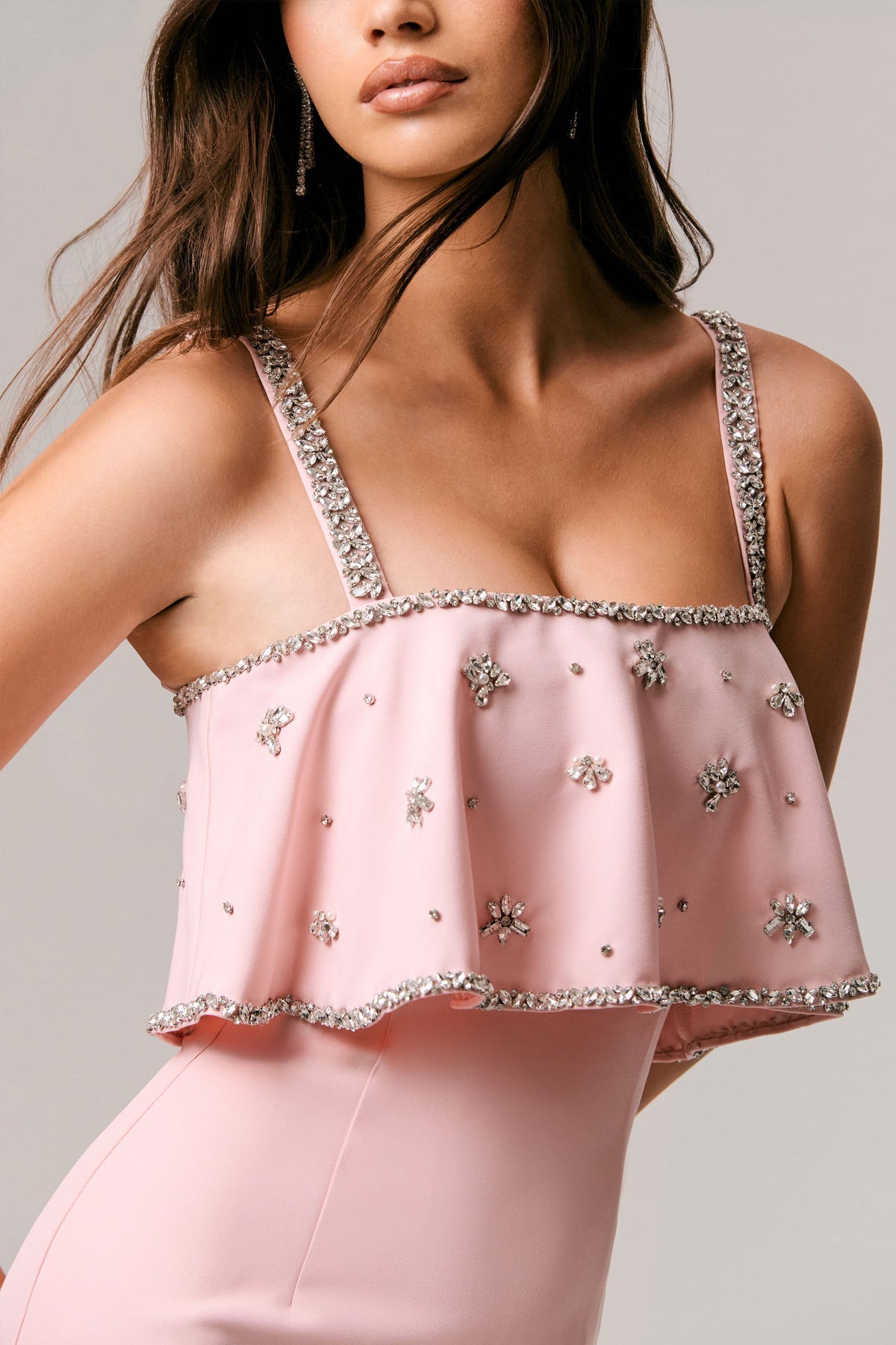 diamond players club pink dress Scarlet Pale Pink Square-Neck Embellished Maxi Dress – Club L London