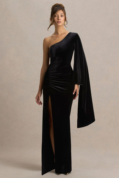 Camilla | Black Velvet Asymmetric-Neck Maxi Dress With Ruched