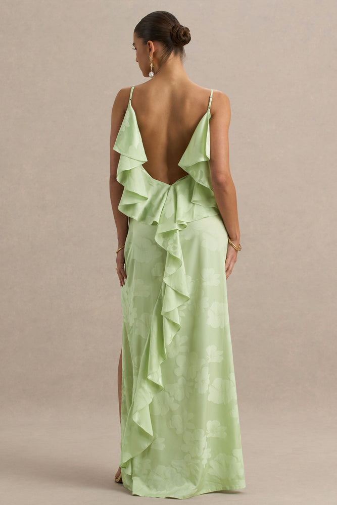 Maddie Light Green Floral Print Satin Cowl-Neck Maxi Dress