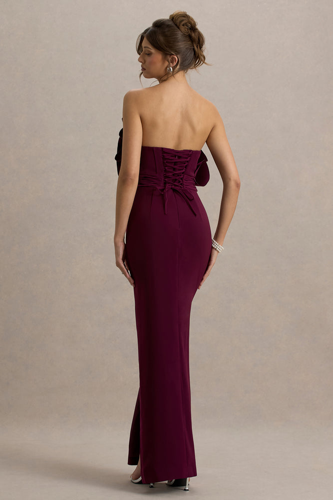 Set The Bar Plum Ruffled Strapless Split Maxi Dress – Club L